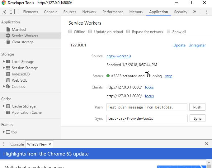 Service Worker in the dev tools application tab