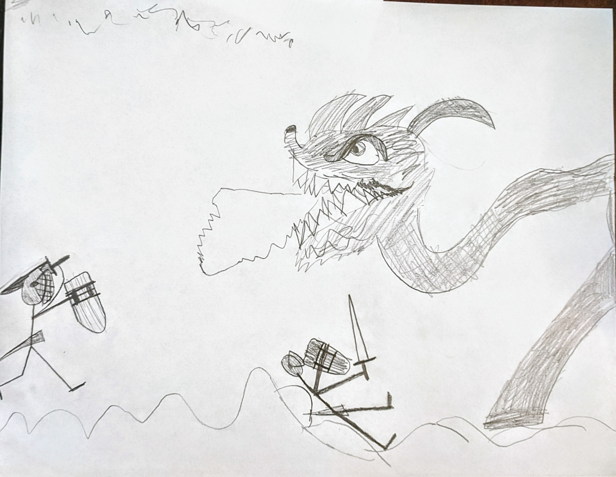 My 8 year old son’s fighting monsters drawing