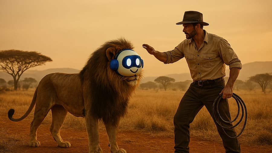 AI generated image of an Indiana Jones like figure taming a lion with a Copilot mask holding a whip